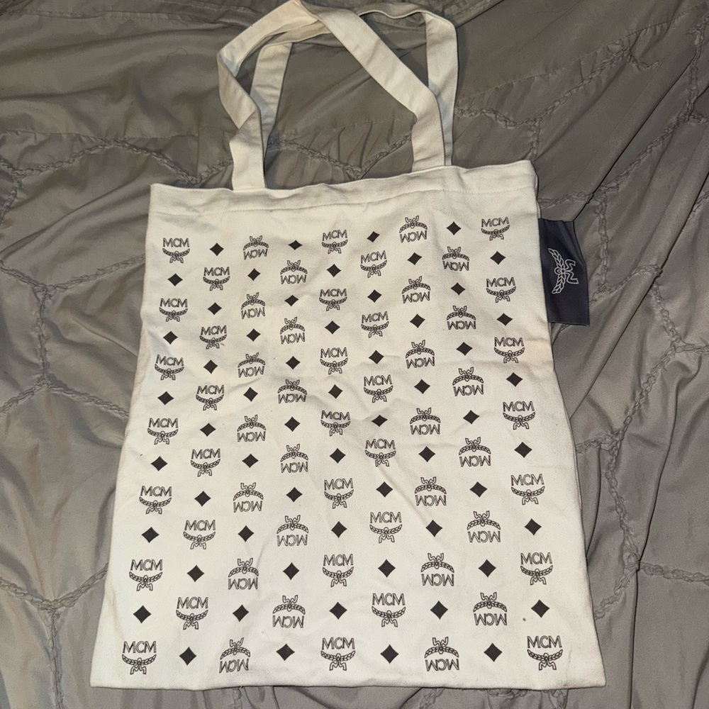 MCM White Canvas Tote with Black Logo Print